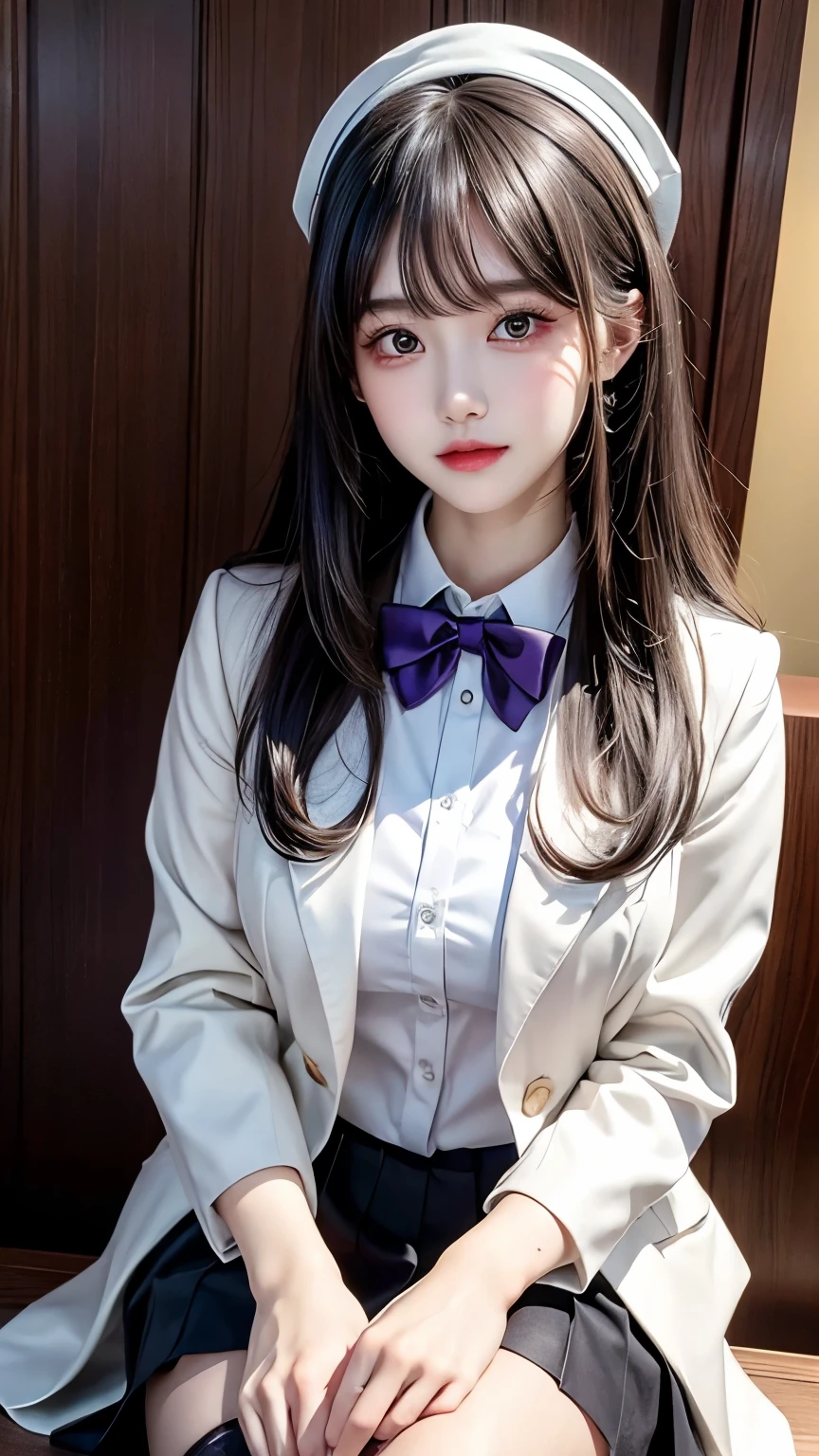 Simple white background, 茶color_blazer_Jacket,length_sleeve, bow tie, Pleated skirt, pantyhose, black_hair,length_hair,purple_eye,前hair, 1 girl, 20 years,young woman,beautiful Finger,beautiful length legs,beautiful body,beautiful Nose,beautiful character design, perfect eye, perfect face,expressive eye,Perfect balance, View Viewer,(Focus on her face),Mouth closed, (Innocent_big_eye:1.0),(Light_笑face:0.3), Official Art,Highly detailed CG Unity 8k wallpaper, Perfect lighting,colorful, bright_front_face_Lighting,White skin, (masterpiece:1.0),(Highest_quality:1.0), 超High resolution,4K,Super detailed, photograph, 8k, High resolution, High resolution, Absurd:1.2, Kodak Portrait 400, Film Grain, Blurred Background, Bokeh:1.2, Lens flare, (Vibrant_color:1.2),プロのphotograph, (beautiful,big_chest:1.4), (beautiful_face:1.5),(narrow_Waist),