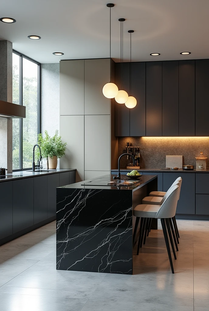Professional 3d architecture rendering design of modern kitchen with So dark blue vintage and dark beige and dark gray cabinets and modern so light gray design chairs shiny black marble island island and modern windows and complete showing kitchen and showing complete kitchen and modern windows and showing complete kitchen