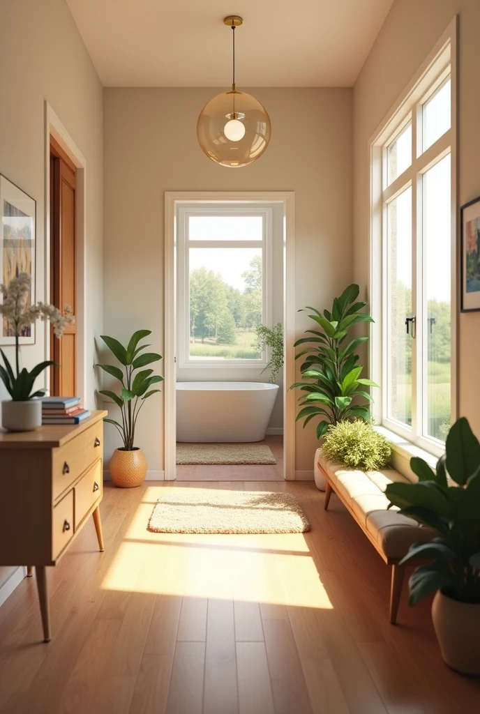 Create a hallway that has a bathroom at the back on the left. 