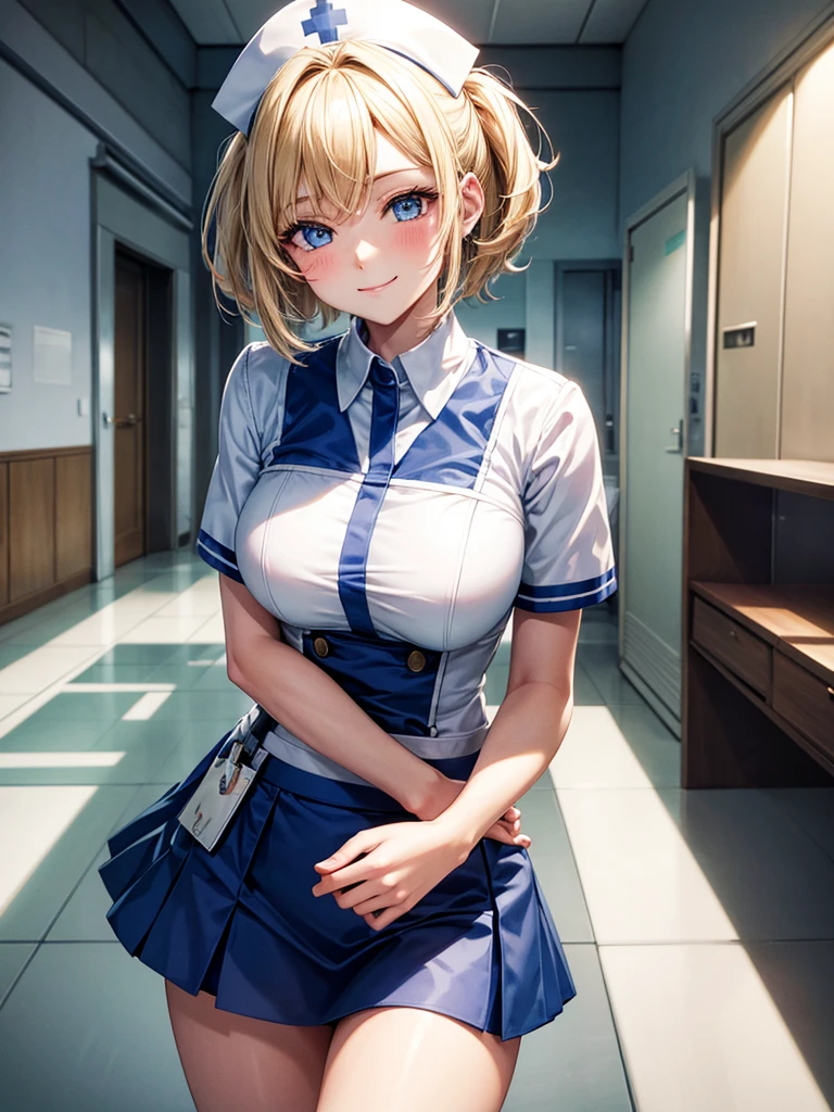 Anime style, super fine illustration, highly detailed, beautiful detailed, perfect detailed, super high quality image, static representation, gentle expression, happy expression, the pretty image, 8k, pretty perfect girl with blonde straight short hair & blue eyes & a bright smile & full bust & soft fair skin is a female nurse not to show her skin wearing all white uniform & white tight skirt on the corridor of big general hospital, medical equipments, bed, solo, perfect fingers, no more fingers, no less fingers, perfect arms, no more arms, perfect legs, no more legs, masterpiece.