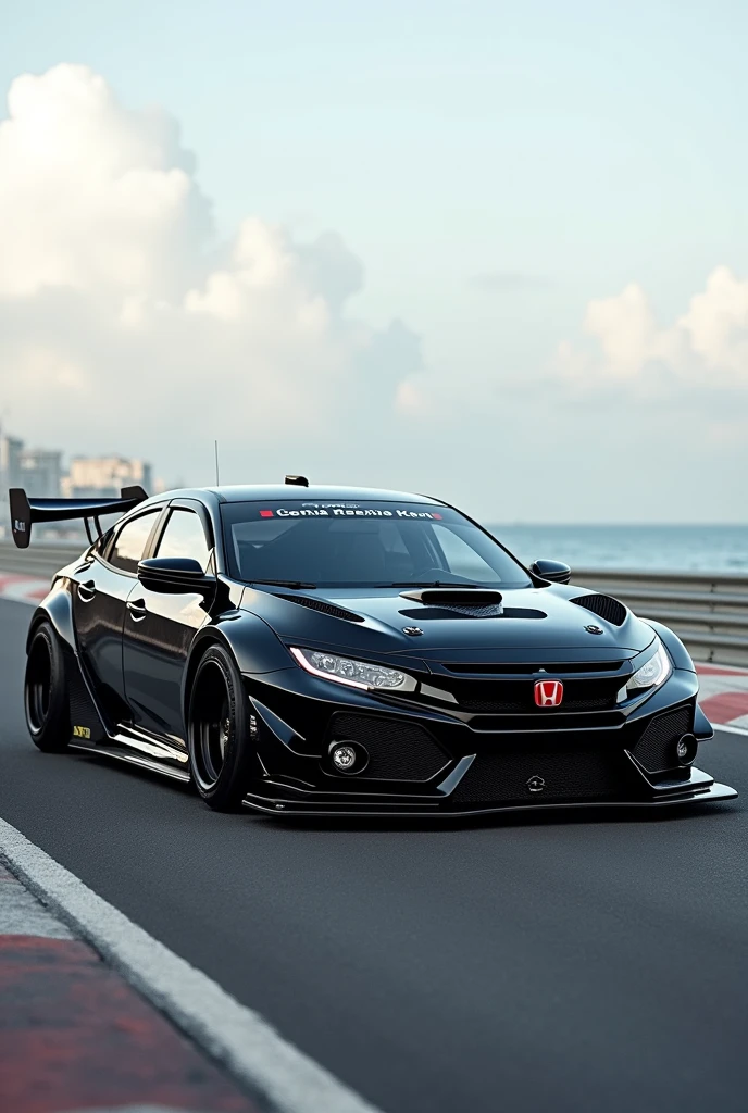 Honda civic realistic modified with racing kit black glass and full modified full cars pictures on a track and more realistic looking so much real in karachi real hinda civic real homda civic not ai generated real not blur back groung on karachi sea view track