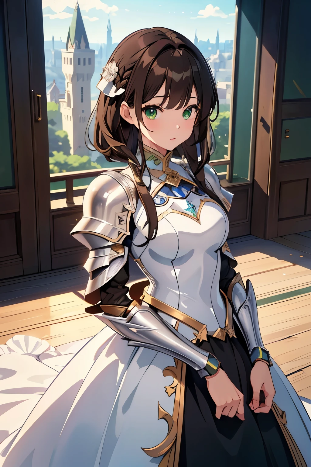 ((masterpiece, Highest quality, High resolution, 超High resolution, Pixel perfect, Written boundary depth, 4K, RTTX 10.0, High resolution))), 1 person, single, alone, Beautiful Anime, Beautiful art style, Anime characters, ((Shortcuts, bangs, Dark brown hair)), ((Green Eyes:1.4, Round eyes, Beautiful eyelashes, current eyes)), ((Smooth texture:0.75, Anime CG style)), ((Dynamic Angle, close)), Perfect body, (cute), Normal chest, whole body, ((4K, 8k, Highest quality, Perfect Fingers: 1.3, Perfect Anatomy: 1.3, Background Blur)), whole bodyアングル, Illustration of a female knight wearing a combination of armor and a dress, The character is dressed in shiny silver armor.、An elegant dress can be seen peeking out from between the gaps in the armor., The armor is intricately decorated、Hair sways softly, The dress is mainly white.、Beautifully decorated with frills and ribbons, She holds the sword、Rin々Standing in a very elegant posture, In the background are majestic castles and battlefields.、Overall, the scene is a fusion of strength and beauty.