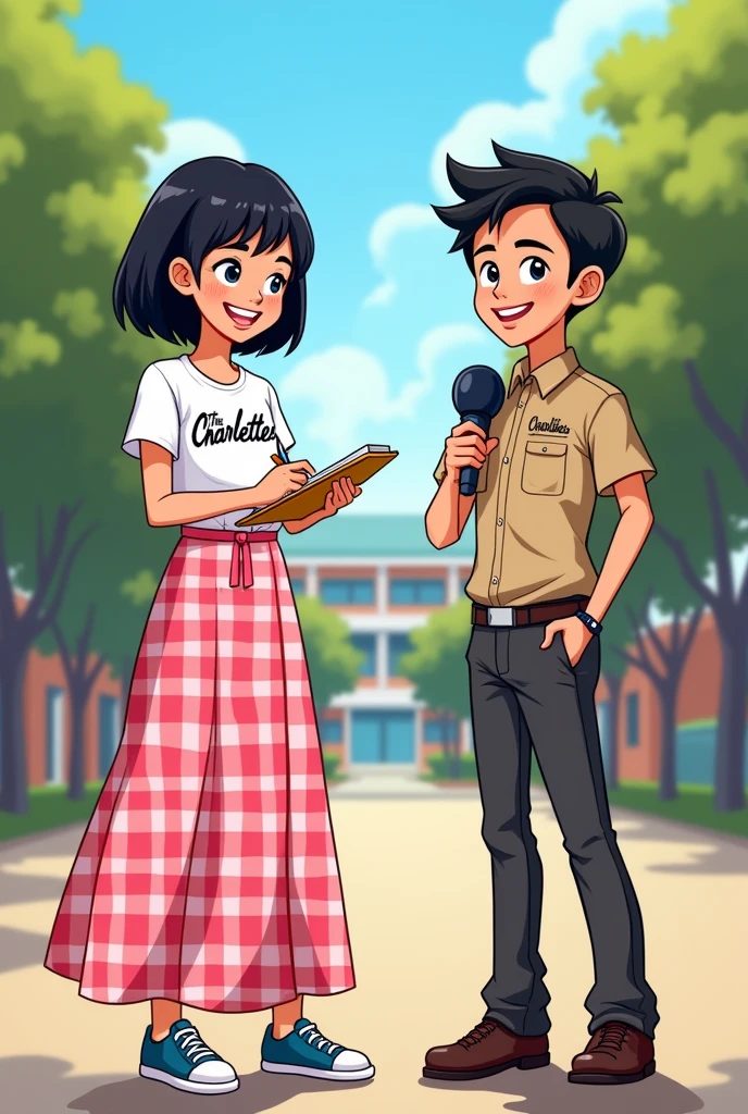 a cartoon showing filipino pupil a girl with black hair wearing a tshirt with brand "The Charlettes" in front and wearing a long skirt red and white gingham uniform , she is writing for campus journalism, make it look like the first generated photo, but change the skirt into gingham checkered pink and white skirt and with a filipino boy holding a mic infront of camera reporting, with a shirt with a brand "The Charlettes" in khaki pants as uniform, both has black shoes