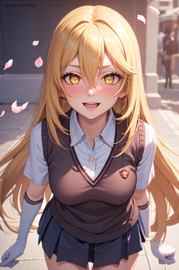 Misaki Shokuhou, (Symbol-shaped pupil:1.5), + +, Blonde, Hair between the eyes, Long Hair, (Yellow Eyes:1.5), (Medium chest:1.2),break elbow gloves, gloves, school uniform, Short sleeve, Summer uniform, Sweater vest, tokiwadai school uniform, white gloves, (light brown Sweater vest:1.2), break outdoor, Many red cherry blossom petals fall one after another, break looking at viewer, upper body, break (masterpiece:1.2), Highest quality, High resolution, unity 8k wallpaper, (figure:0.8), (Beautiful attention to detail:1.6), Highly detailed face, Perfect lighting, Highly detailed CG, (Perfect hands, Perfect Anatomy), (3D Face:1.1), (Shiny skin:1.5), (超High resolution intricate face details), (Facial skin pores:1.3), 超High resolution cloth texture, Big smile, Blushing, Open your mouth, Showing off her perfect legs