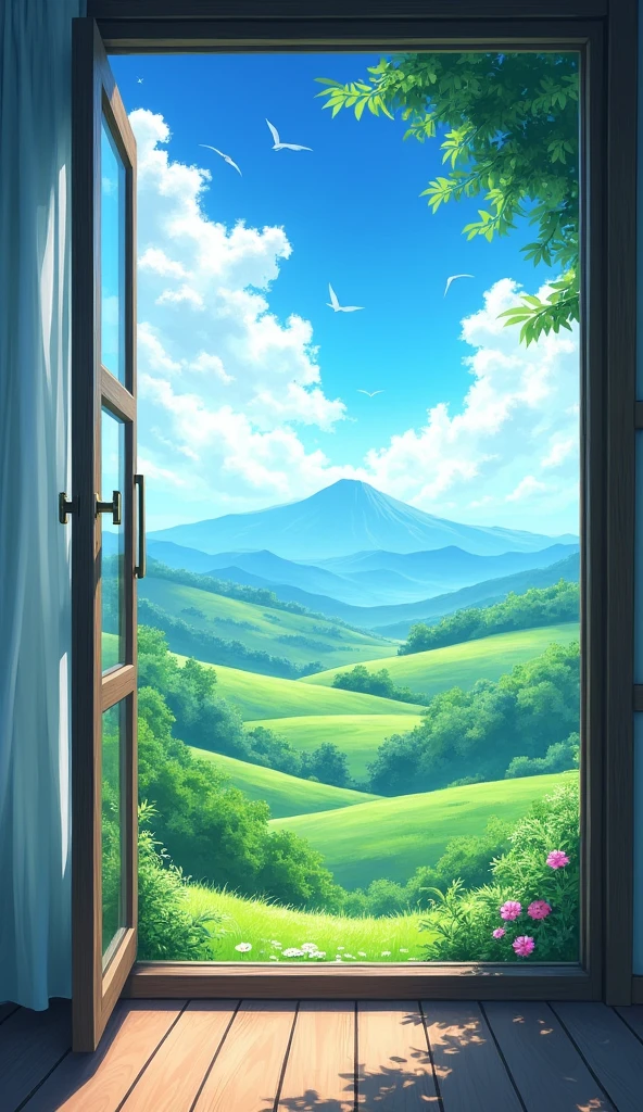 landscape, View from the window, anime style, countryside, against the backdrop of mountains and clouds.