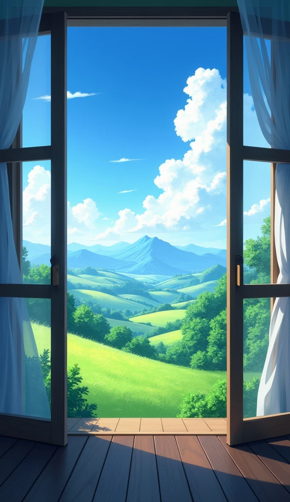 landscape, View from the window, anime style, countryside, against the backdrop of mountains and clouds.