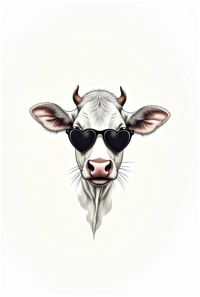 A fine line tattoo design of a cow's head wearing sunglasses with heart-shaped lenses