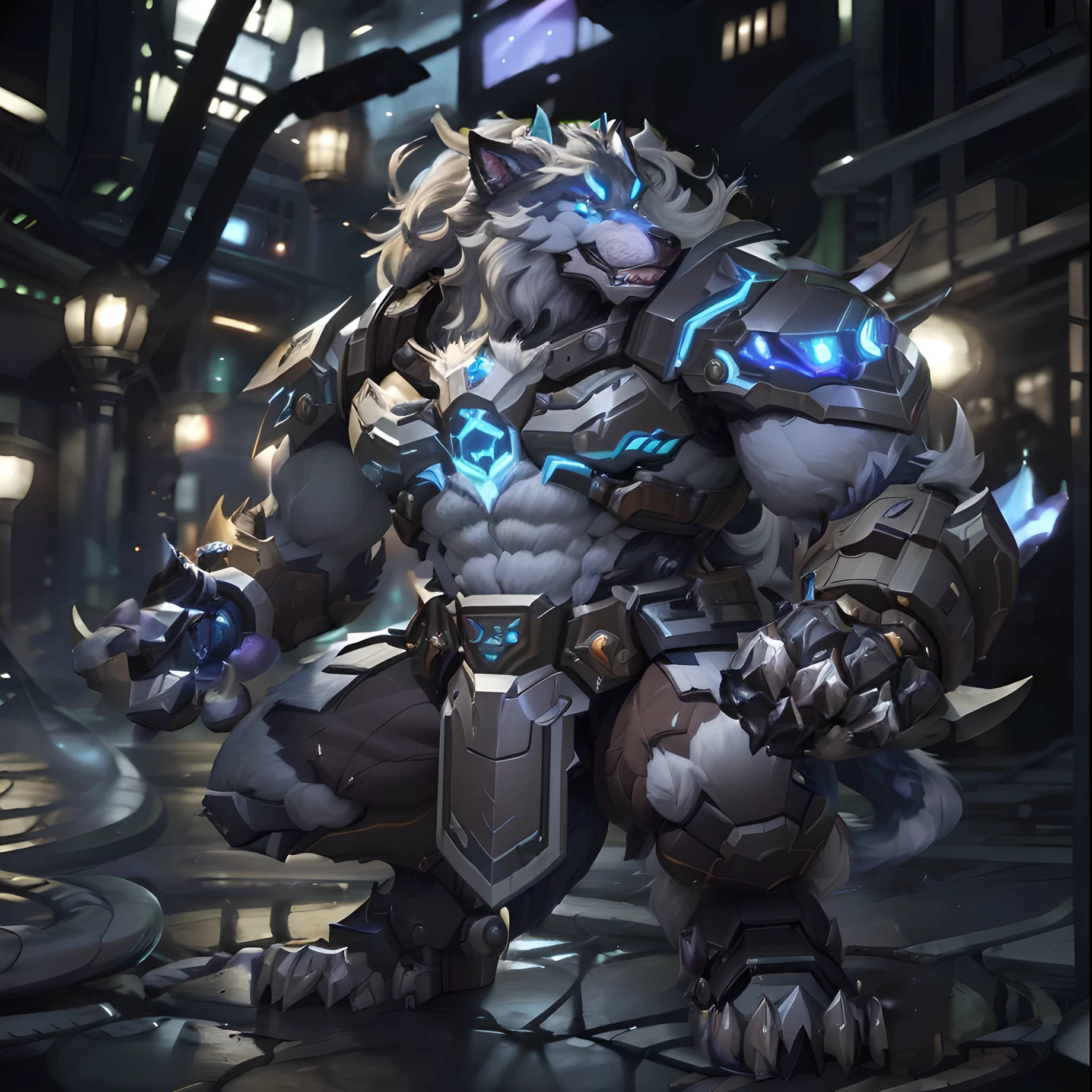 a close up of a furry creature in a city at night, muscular werewolf, good boy giant mecha wolf hound, 8k hd wallpaperjpeg artifact, 8 k hd wallpaperjpeg artifact, riot games concept art, a minotaur wolf, league of legends character art, league of legends concept art, z'gok. 8 k hd resolution