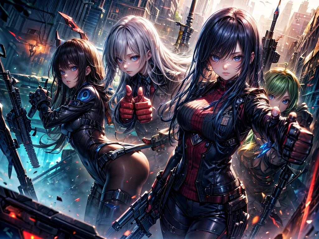 High resolution, Winner of numerous awards, Ultra high definition, Textured skin, Retina,
masterpiece,(bestquality),highlydetailed,ultra-detailed,4girl, (Four gangster girls posing with weapons.:1.4)(gangsta paradise:1.2)(robot)(cybercitylandscape:1.2,natural lighting:1.5,confidentexpression),(Dramatic Angle:1.2),mecha, smile,angle、(Beautiful girls in mafia suits:1.2)(Point your weapon at me:1.6)(Thumbs up:1.5)