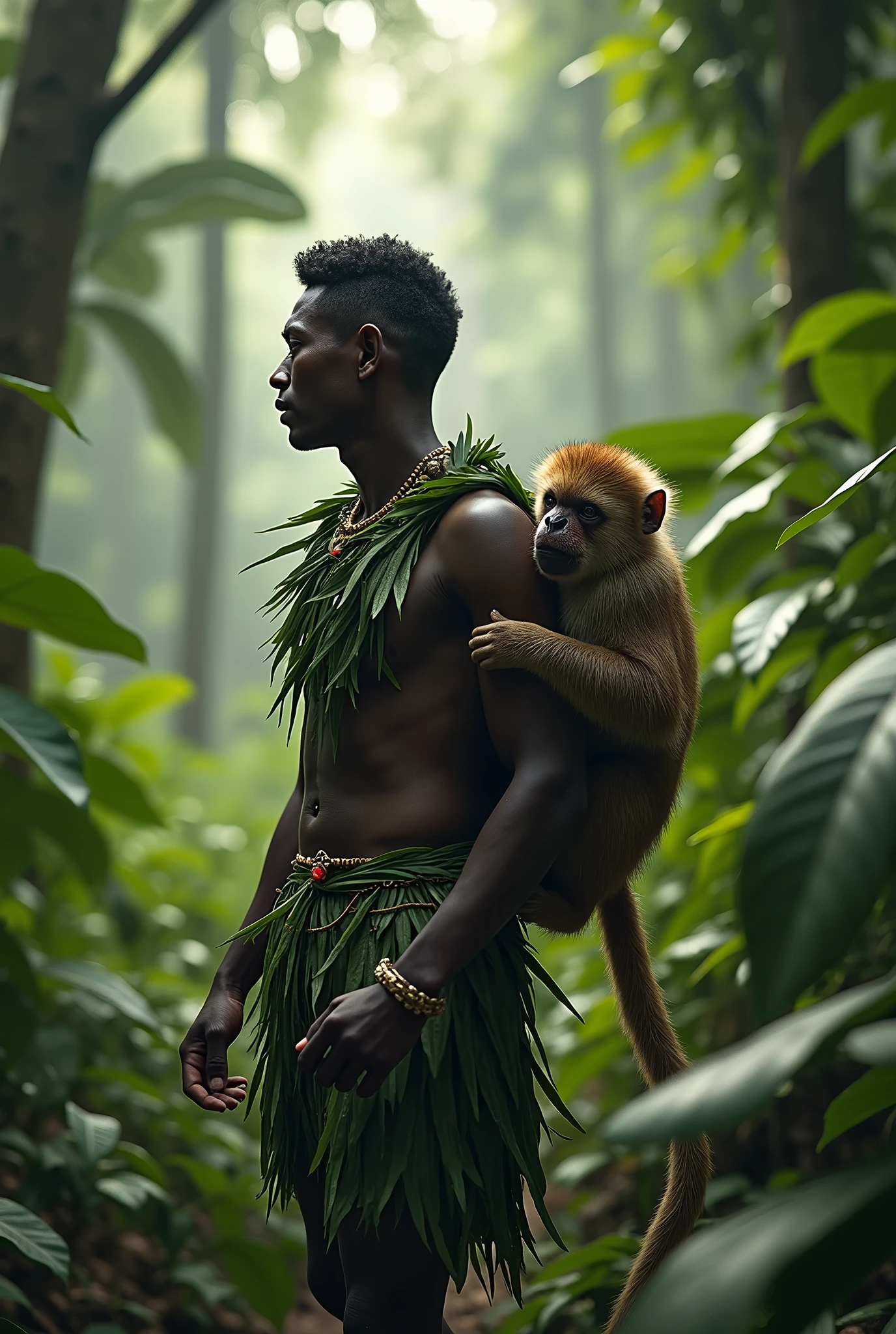 Photorealism 1.3 realistic realism high definition 8k Malaysian aborigines man walk into jungle with blowpipe darksin curly short hair wearing leaf cover and head accessories dead monkey on her back