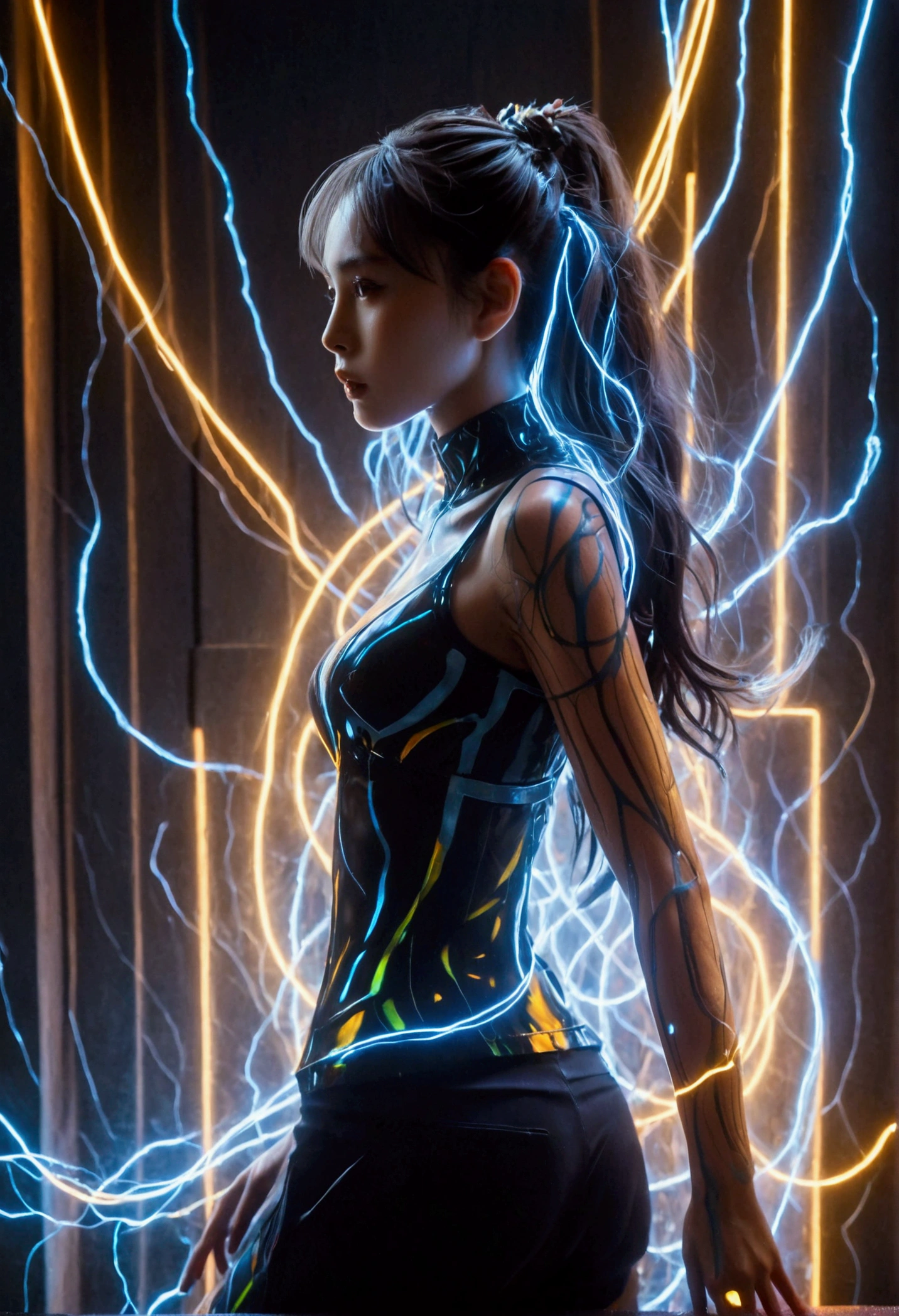 （masterpiece，Best quality：1.2），1girl，individual，Holographic silhouette of a girl made of glowing liquid，With lightning body lines，Glowing long hair，Bioluminescent transparent fluid with detailed digital matrix veins，complex，Neon multicolor，Running posture perfect model posture，Full Shadow Pose，Perfect legs，Low angle shot，Watch from below，Stomping whirlwind and lightning，Lightning background，有史以来Best quality，high resolution，8k，