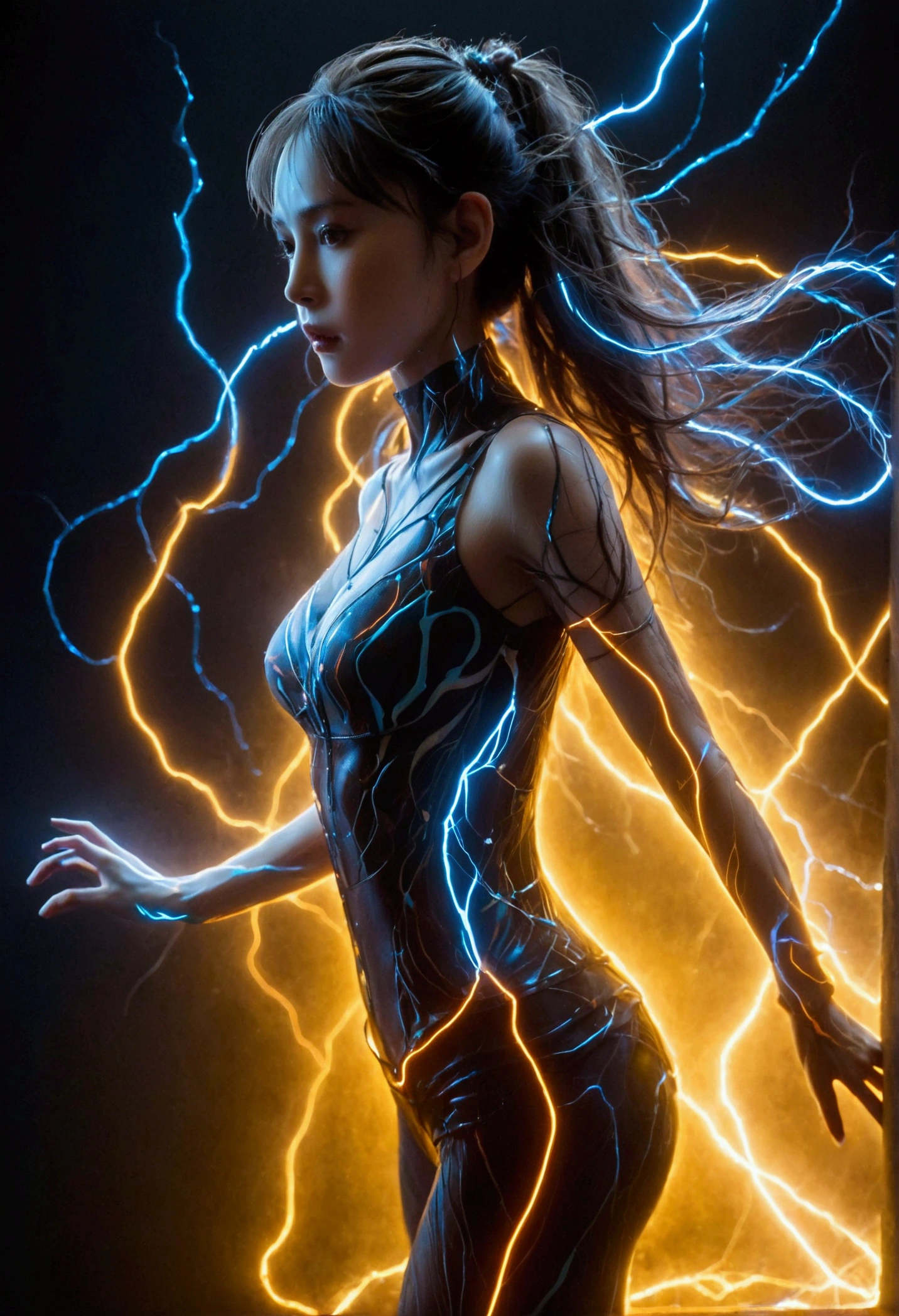 （masterpiece，Best quality：1.2），1girl，individual，Holographic silhouette of a girl made of glowing liquid，With lightning body lines，Glowing long hair，Bioluminescent transparent fluid with detailed digital matrix veins，complex，Neon multicolor，Running posture perfect model posture，Full Shadow Pose，Perfect legs，Low angle shot，Watch from below，Stomping whirlwind and lightning，Lightning background，有史以来Best quality，high resolution，8k，