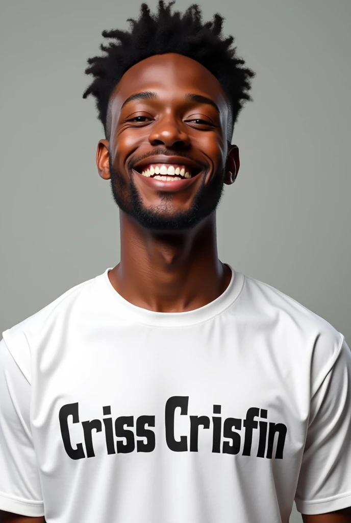 African young wear at shirt entitled Criss Crispin in white color, a young man fall in joyful face and amazing smile, 