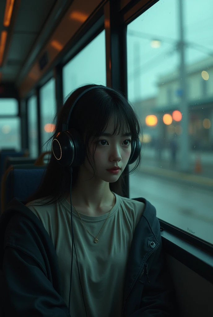 Sad girl sit in bus listening song looking at window