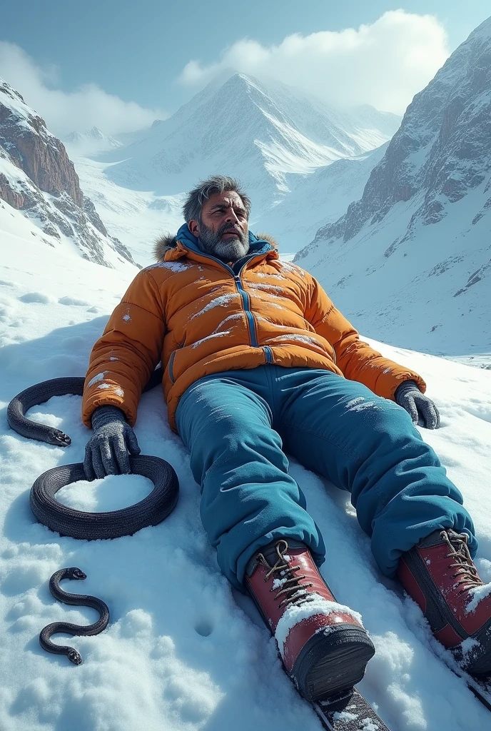 a 30 years Indian man is felt down, he injured in the snow hills of mountain, his face is completely covered with the snow, scars are on his face, snake is beside to him. ski board, poles are also there, he wears orange jacket, blue pant, shoes. Snake is at his legs and it is looking towards him.