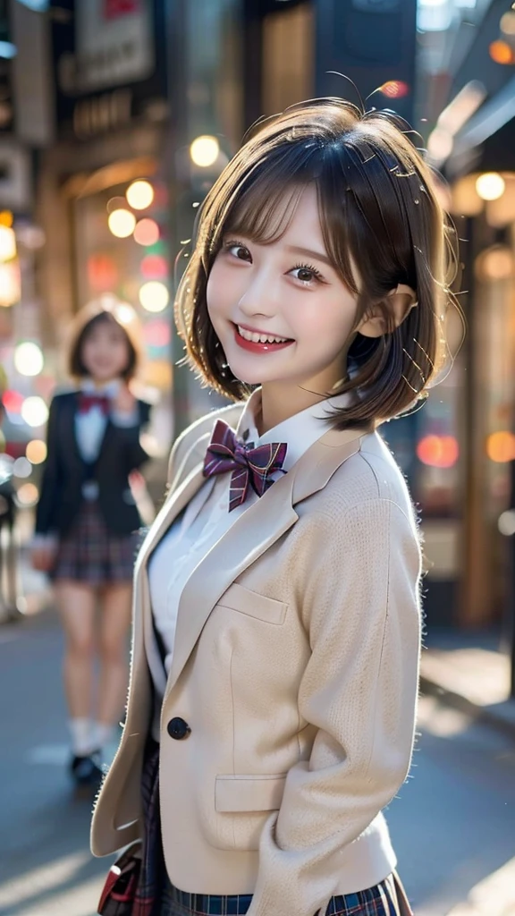Two beauties,2 girls, bob cut, Checked mini skirt, a bow tie, winter blazer uniform, smile, big laugh