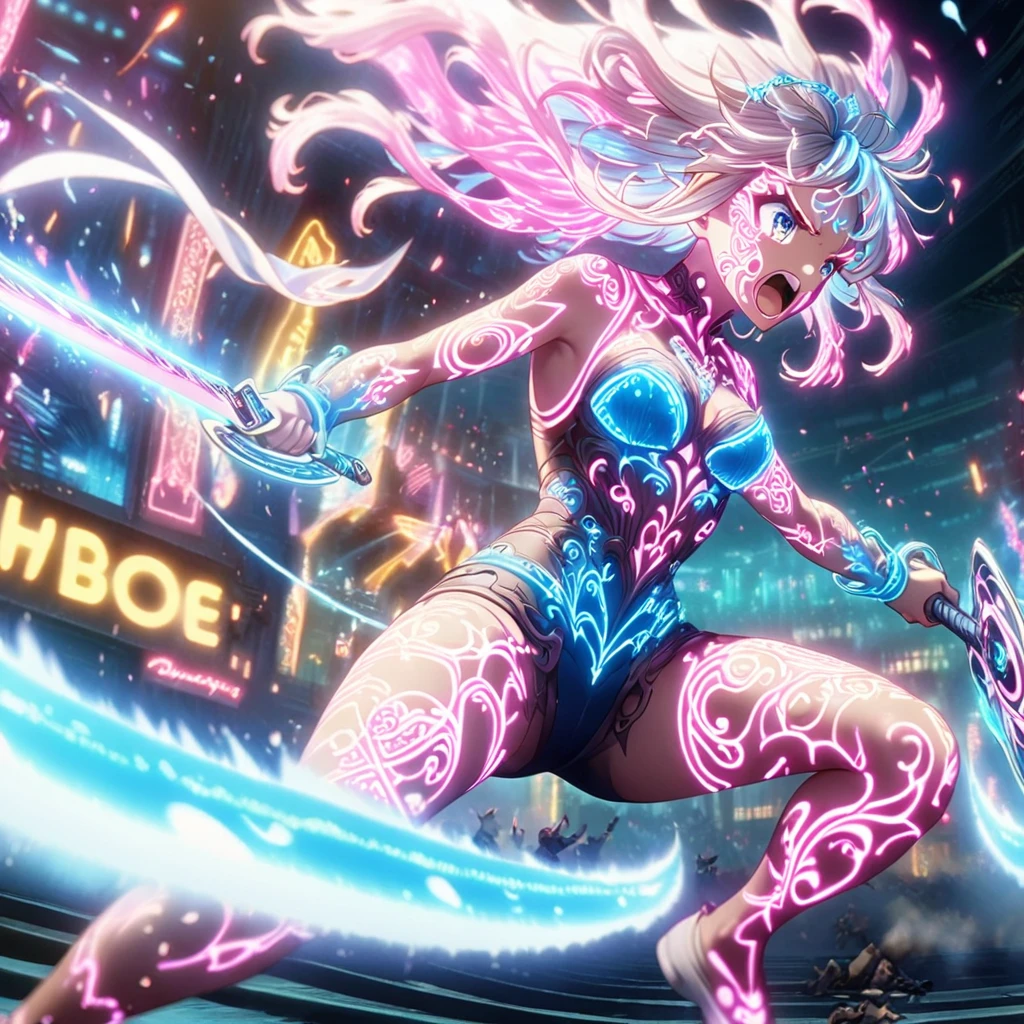 Action scenes,battle,Anime Screenshots、 Artistic anime illustration of a woman adorned with glowing neon magic tattoos all over her body and face。 The tattoos on his arms and legs are a mix of pink, blue and white runes.、It emits a neon light。 She has long, flowing hair.、、 This scene has a dreamy soft focus effect.Sword、 It emphasizes the dreamy glow of the tattoo.、front,Slashing,neon,fighting,sppining