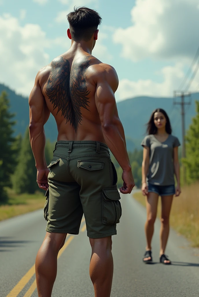 Gym boy with demon back and big leg pose on road side 
Girl seeing and shock 