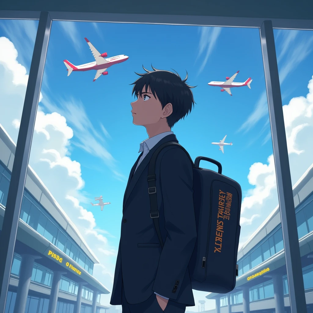 An adult student 2 boy wearing black  blazer complet 
Standing in airport watching panes fly
In his school bag it's written Cyber security engineer 
Anime