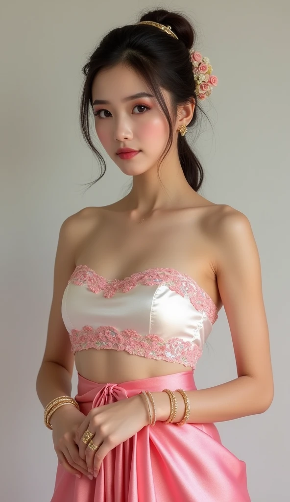 A Thai woman with a slim, oval face, large eyes, and a voluptuous figure is depicted in traditional Thai attire. She wears a strapless top in a rich pink and white tone, complemented by a light pink, shimmering silk skirt (sin). She accessorizes with beautiful gold bracelets, adding a touch of elegance to her refined look. The overall appearance is graceful and visually stunning, showcasing the beauty of traditional Thai fashion.