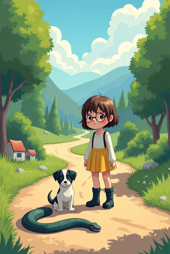 Six  girl cute cartoon who is wearing yellow mini skirt and white top , her hair is brown in color. She is wearing black boots and round glasses. Her Puppy is black and white in color.Suddenly they saw creepy snake on the beautiful road.