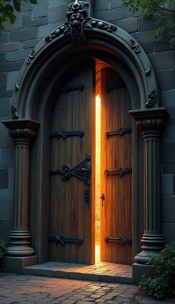 Gothic wooden door、Light shining from the front