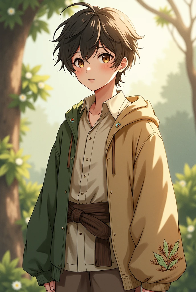 anime boy with clothes based on earth with full covering clothes with full pants and full shirt