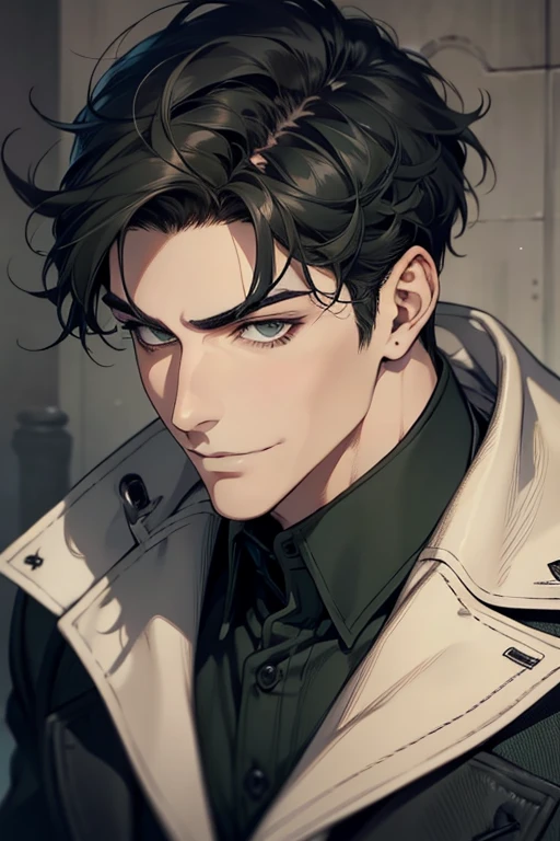 masterpiece, best quality, realistic, 1man, mature male, quiet and charming young man, 1, smirk and look on the side, closed mouth, portrait, extremely detailed face, smirk, (dark green eyes), (short-side-swept sha black hair)), [thick eyebrows], (detective clothing)