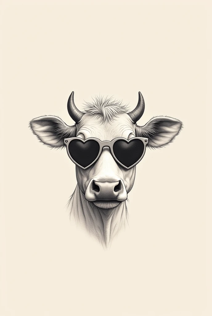 A fine line tattoo design of a cute cow&#39;s head wearing sunglasses with heart-shaped lenses