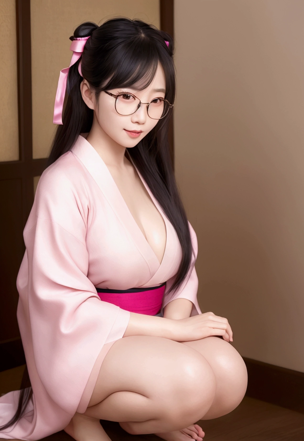 masterpiece, (Realistic:1.5), Realistic eyes, Asian woman, Highest quality, Beautiful lighting, Professional Lighting, Photon Mapping, Radio City, Physically Based Rendering,, kamado nezuko, One girl, Black Hair, amount, hair ribbon, kimono, kimono, Long Hair, Multicolored Hair, Open your mouth, Pink Eyes, pink kimono, pink ribbon, ribbon, smile, very Long Hair, null, ((Old age)),, (RAW Photos, 8K Ultra HD, Film Grain)、Crouching、With legs apart、White underwear is visible、Quite large breasts、He wears very large glasses