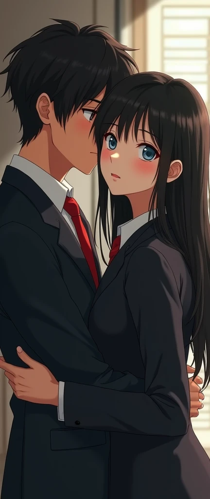 (32K:1.9, Realistic:1.9, Highest quality, masterpiece, Ultra-high resolution), Perfect dynamic composition, Highly detailed skin and facial textures:1.3, Detailed eyes, Detailed limbs, (Cute sexy slim Japanese schoolgirl, expensive、Slim Japanese high school student), Both of them are sitting, Fair skin, ((Clarity:1.1)), (Both men and women wear a blazer-style uniform and a red tie.。), (Boy hugs girl:1.5), (smile:0.9, Totally captivates you:0.9), (beautiful Blue Eyes, beautiful, Clear Eyes:0.8), The woman has long black hair, Sexy Face:0.4, blush:1.1, (beautifulエロティシズムを醸し出す雰囲気:0.8), Professional random camera work, Cinematic Lighting Effects, ((Full Body Shot)), ((Too erotic:0.9)) , romantic, mysterious, Object of admiration, original, dramatic, artistic, Innovative, charm, Heartful, Fancy, Tilt, sense of loss, special, exciting, Extreme, sense of openness, joy, joyの表現, ((若さのcharm, 女性的なcharm))