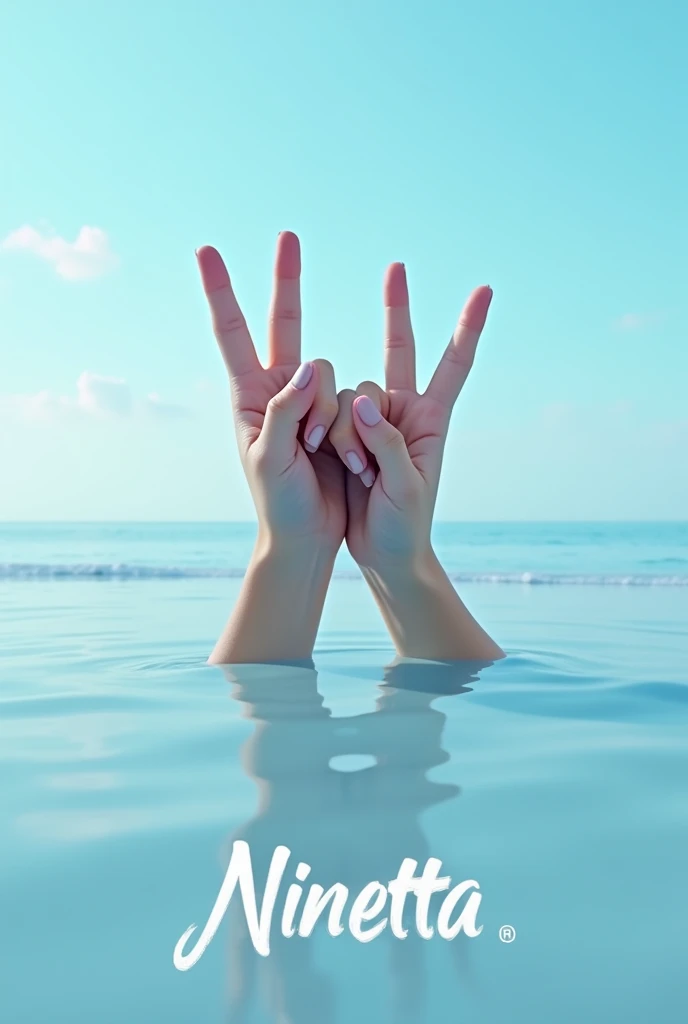 Une imagine avec le signe de pnl avec les mains croisé et sur un fond de plage bleu clair qui fait rêver avec écrit ninetta en dessous en blanc