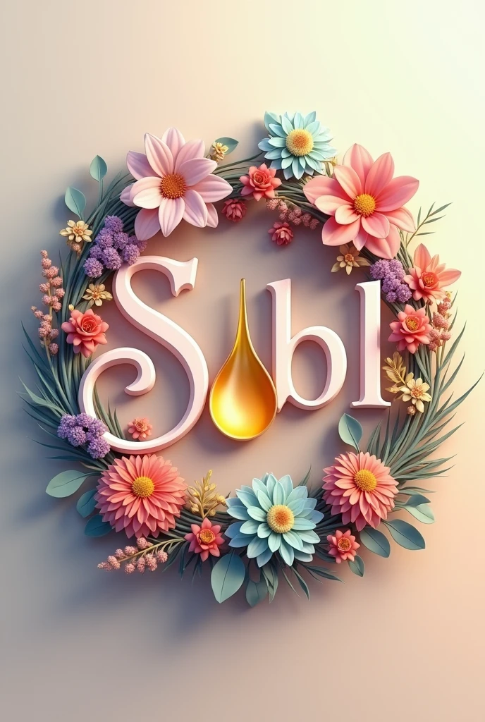 A stunning 3D logo for Sobii, a premium essential oil company. The letter "Mister" is elegantly designed with a stylized drop of essential oil at its center, symbolizing the purity and quality of the products. Surrounding the "A" are various flowers and plants, each represented in a detailed and lifelike manner. The overall composition is a harmonious blend of text and imagery, exuding a sense of tranquility and refinement. The background is a soothing mix of soft colors, complementing the essence of the brand., 3d render