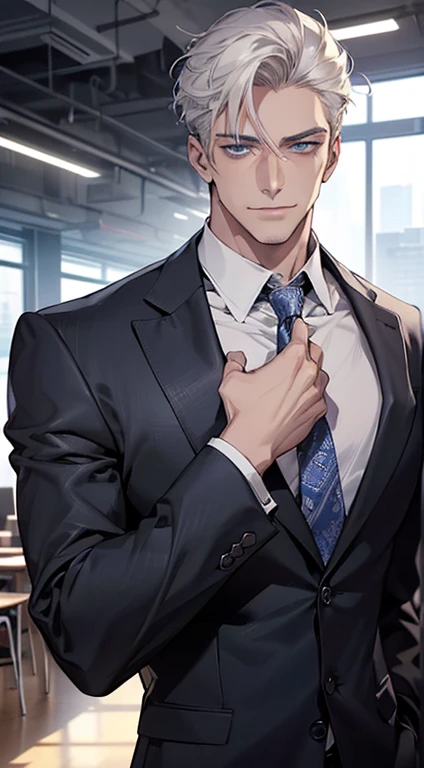 (best quality, masterpiece, 8K, photorealistic, cinematic lighting, hdr image, ultra detailed, beautiful image), 1 man, 3,  man, very handsome, (without expression, smile), short white hair, blue eyes ( penetrating gaze), perfect face without errors, imposing posture, without errors, businessman, office background