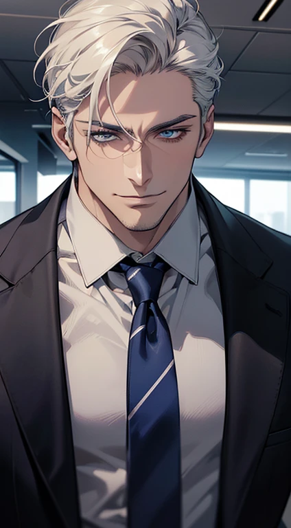 (best quality, masterpiece, 8K, photorealistic, cinematic lighting, hdr image, ultra detailed, beautiful image), 1 man, 3, mature man, very handsome, (without expression, smile), short white hair, blue eyes ( penetrating gaze), perfect face without errors, imposing posture, without errors, businessman, office background