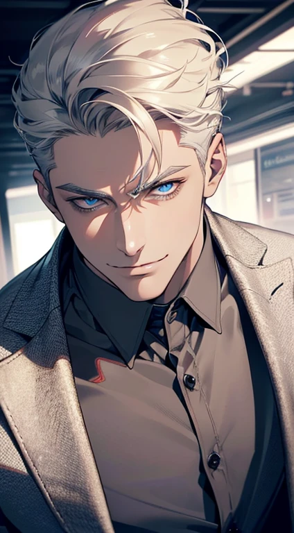 (best quality, masterpiece, 8K, photorealistic, cinematic lighting, hdr image, ultra detailed, beautiful image), 1 man, 3, man, very handsome, (without expression, smile), short white hair, blue eyes ( penetrating gaze), perfect face without errors, imposing posture, without errors, businessman, office background