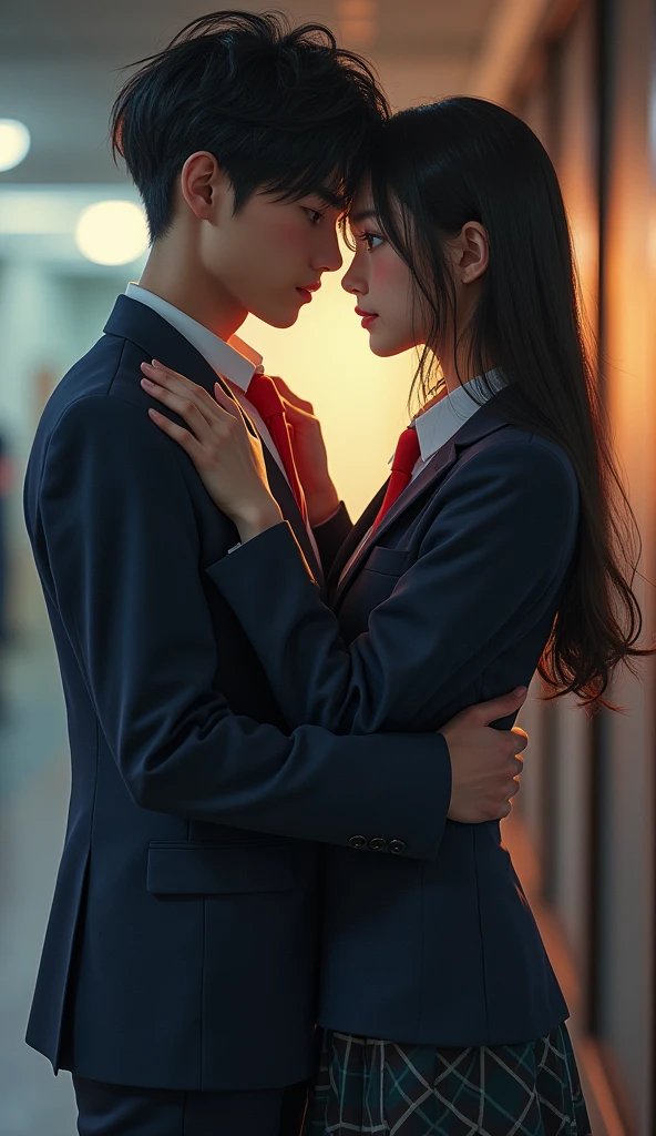 (32K:1.9, Realistic:1.9, Highest quality, masterpiece, Ultra-high resolution), Perfect dynamic composition, Highly detailed skin and facial textures:1.3, Detailed eyes, Detailed limbs, (Cute sexy slim Japanese schoolgirl, expensive、Slim Japanese high school student), Both of them are sitting, Fair skin, ((Clarity:1.1)), (Both men and women wear a blazer-style uniform and a red tie.。),  (Boy hugs girl:1.5), (smile:0.9, Totally captivates you:0.9), (beautiful Blue Eyes, beautiful, Clear Eyes:0.8), The woman has long black hair, Sexy Face:0.4, blush:1.1, (beautifulエロティシズムを醸し出す雰囲気:0.8), Professional random camera work, Cinematic Lighting Effects, ((Full Body Shot)), ((Too erotic:0.9)) , romantic, mysterious, Object of admiration, original, dramatic, artistic, Innovative, charm, Heartful, Fancy, Tilt, sense of loss, special, exciting, Extreme, sense of openness, joy, joyの表現, ((若さのcharm, 女性的なcharm))
