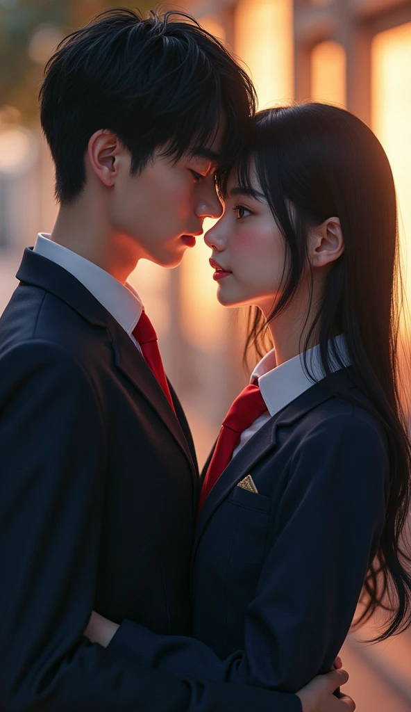 (32K:1.9, Realistic:1.9, Highest quality, masterpiece, Ultra-high resolution), Perfect dynamic composition, Highly detailed skin and facial textures:1.3, Detailed eyes, Detailed limbs, (Cute sexy slim Japanese schoolgirl, expensive、Slim Japanese high school student), Both of them are sitting, Fair skin, ((Clarity:1.1)), (Both men and women wear a blazer-style uniform and a red tie.。),  (Boy hugs girl:1.5), (smile:0.9, Totally captivates you:0.9), (beautiful Blue Eyes, beautiful, Clear Eyes:0.8), The woman has long black hair, Sexy Face:0.4, blush:1.1, (beautifulエロティシズムを醸し出す雰囲気:0.8), Professional random camera work, Cinematic Lighting Effects, ((Full Body Shot)), ((Too erotic:0.9)) , romantic, mysterious, Object of admiration, original, dramatic, artistic, Innovative, charm, Heartful, Fancy, Tilt, sense of loss, special, exciting, Extreme, sense of openness, joy, joyの表現, ((若さのcharm, 女性的なcharm))