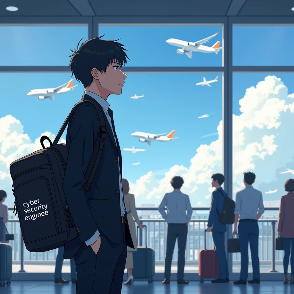 An adult student 2 boy wearing black blazer complet
Standing in airport watching panes fly
In his school bag it's written Cyber security Engineer
Anime