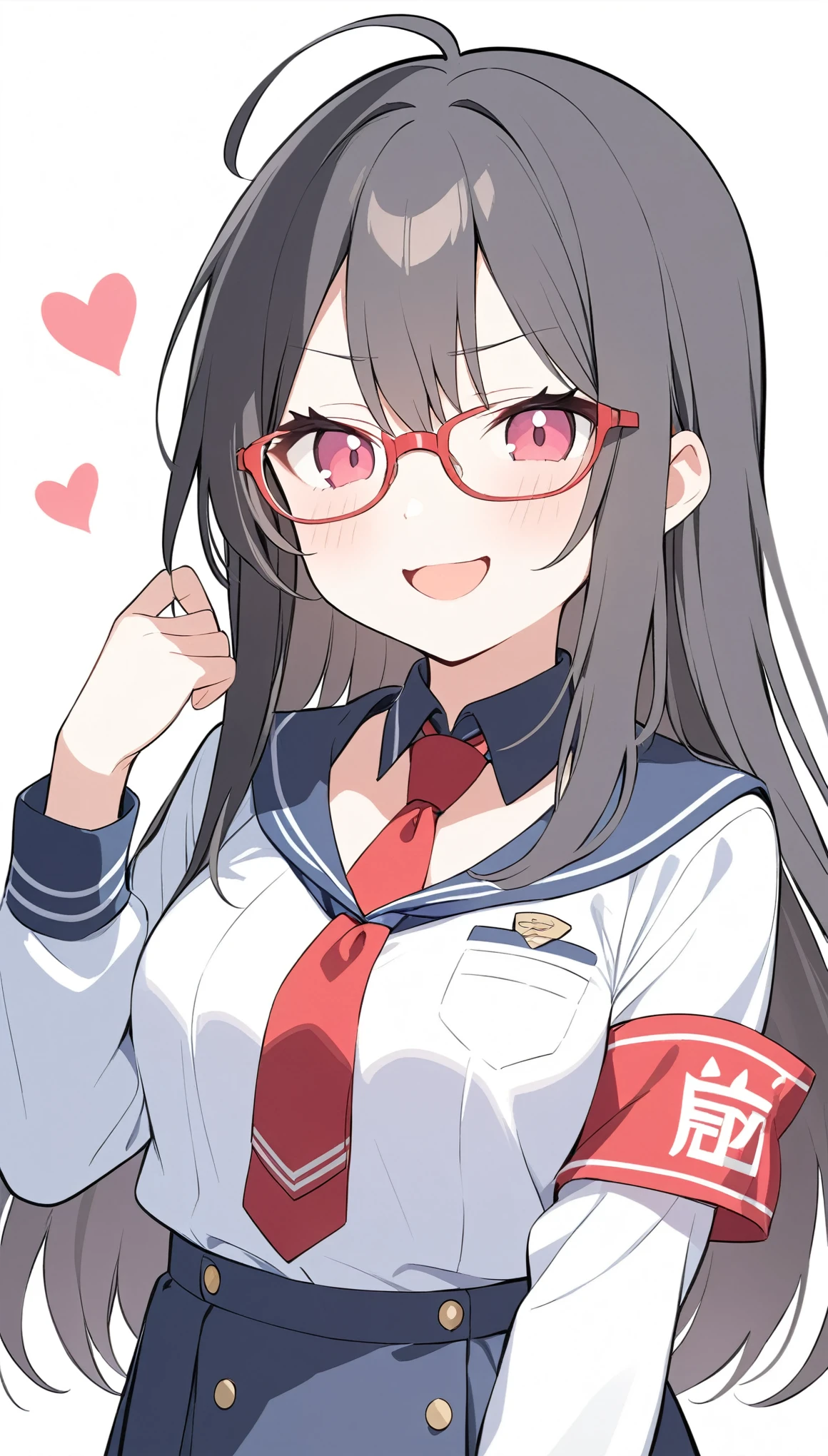 school student council president、school uniform、Glasses、Black Hair、long hair、Student council president armband on uniform,Smug,独奏