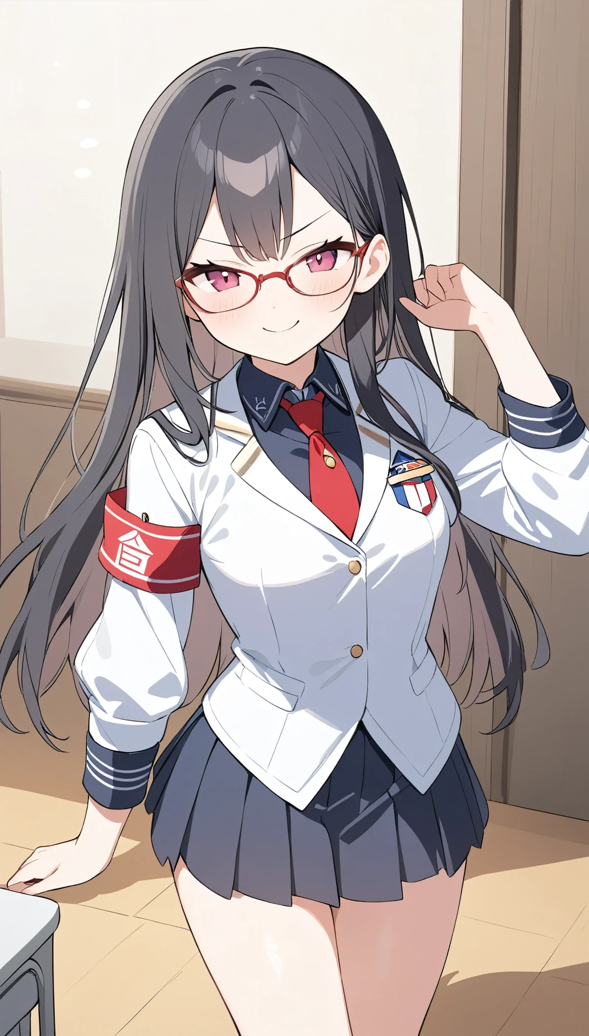 school student council president、school uniform、Glasses、Black Hair、long hair、Student council president armband on uniform,Smug,独奏