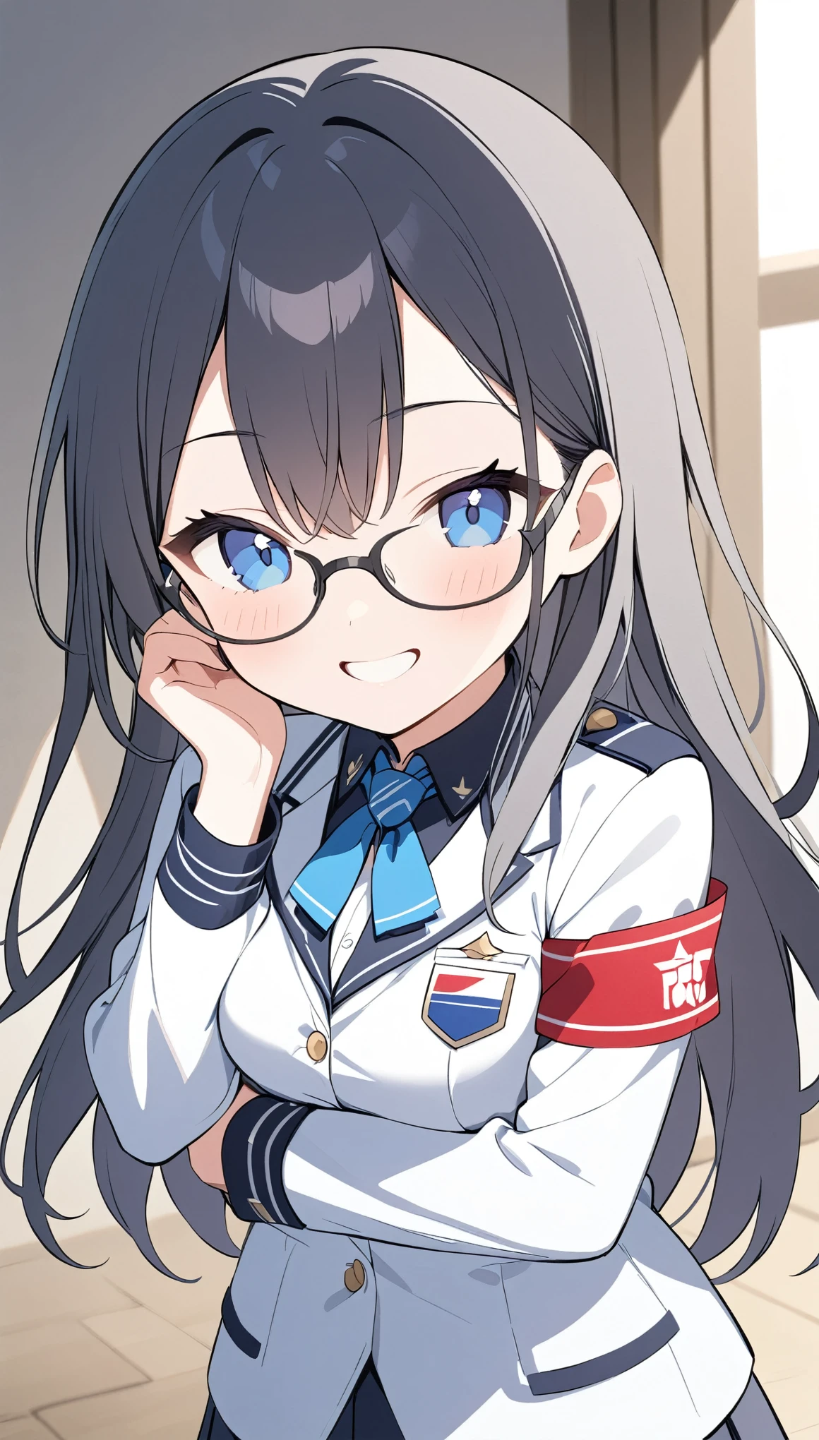 school student council president、school uniform、Glasses、Black Hair、long hair、Student council president armband on uniform,happy,独奏