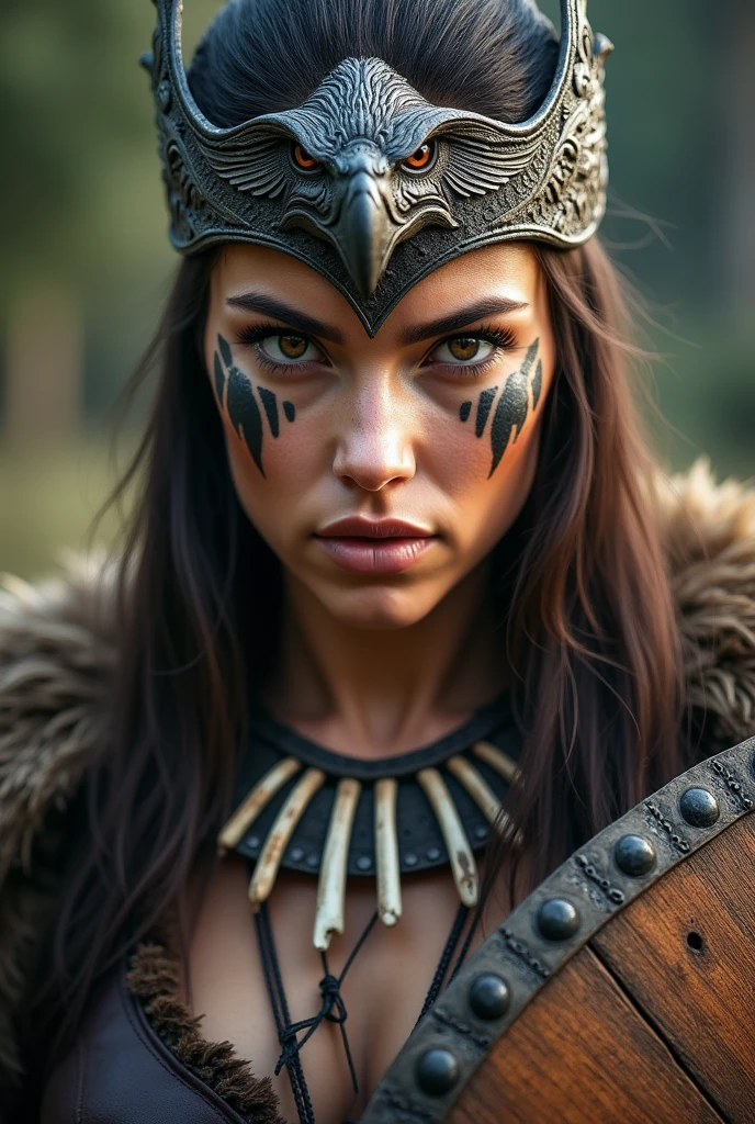 Close up face of beautiful viking queen, wooden shield in hand, eagle crown , tribal design on the eyes, Angry, bone ornaments on the neck, leather armor, focused