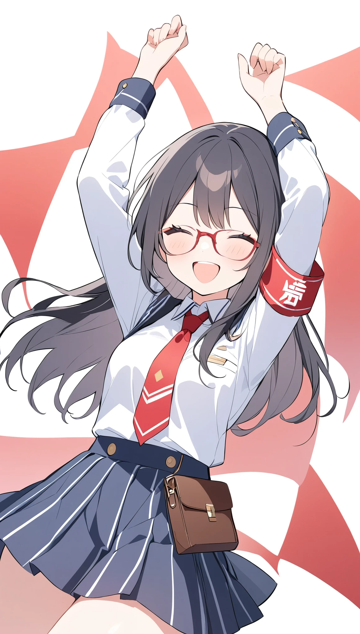 school student council president、school uniform、Glasses、Black Hair、long hair、Student council president armband on uniform,happy,独奏