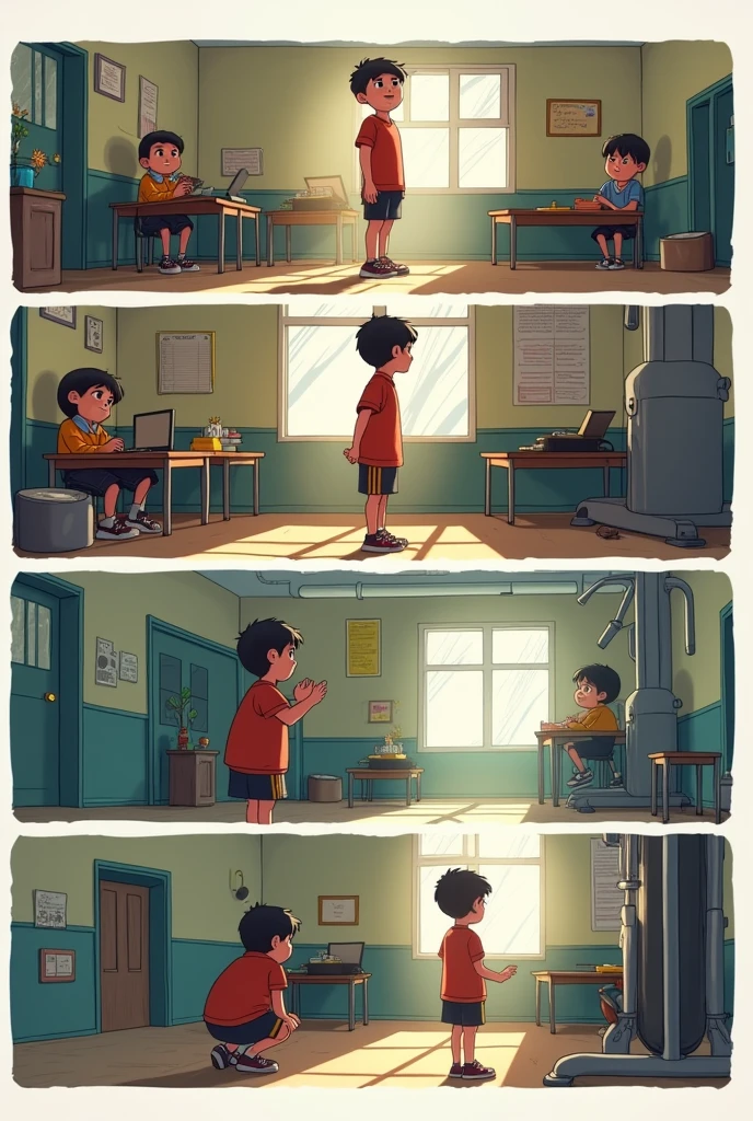 Create a story board with four scenes for the story “Lucas was always bullied at school for being overweight.” First scene “Tired of the teasing, he decided to talk to his friend João Pedro, who suggested that he start going to the gym.” Second scene “In the beginning, Lucas didn't like it very much, bet, Com o tempo, I was starting to enjoy the training. Little by little, he was losing weight.” Third scene “When he returned to school after a while, no one messed with him anymore, and that made him super happy. Furthermore, Lucas gained more self-confidence and made new friends, feeling more comfortable and integrated at school.” Fourth scene