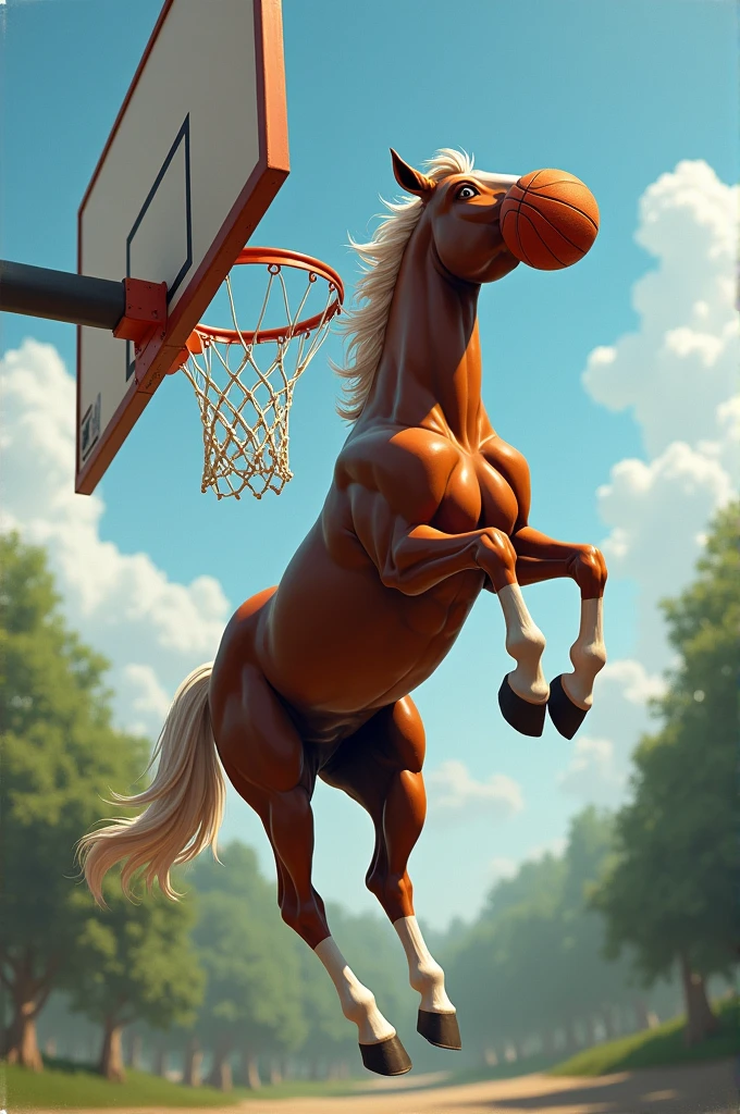 A horse catching a basketball while jumping and scoring on the basketball net