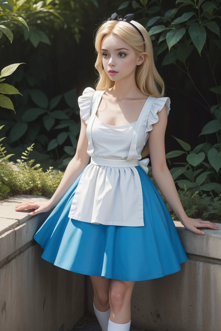 masterpiece, 1 girl, Alone, Turn her into a sexy Alice in Wonderland with blonde hair, light blue dress with white apron, WHITE SOCKS, neckline, dynamic, ultra high definition, 32K, (perfect anatomy:1.5), perfect legs, in the style of Artgerm and Adam Hughes, perfect arms, low blouse