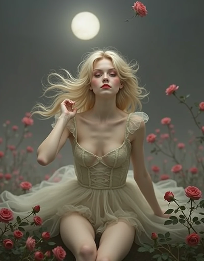 Blonde girl with red eyes, short hair prominent chest lying in a field of red roses on the full moon, dressed in a babydoll.