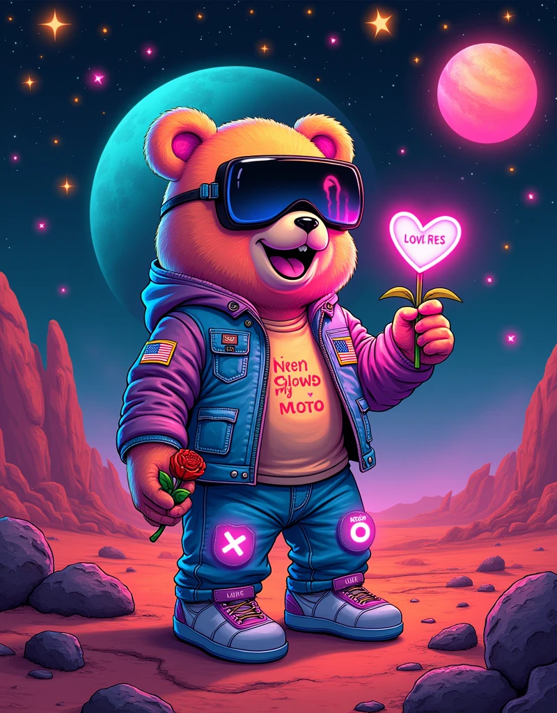 NFT cool art in the style of beeple artist:: behind a space candy bear on the mars,on the left hand is american flag patch only one hand and another one hand holding a rose holding a ::  plant pot  :: photo included flash light symbolls on the wall and ::space skies and stars and giant saturn planet close up and falling star on the background :: of 1 toy full body with fashion grunge style toy bear, black mirror VR mask blue neon glow, pink fur, toy bear holding a thunfer flash light neon in the hand, hug ( neon glow my  LOVE neon glow word :: ) with two eyes in a style in mood and happy  smiling with teeth smile wearing a :: yellow:: red hair and a slash yellow glow on the bear, background with X and O game made of hearts, Glowing stars is flying in the air, neon glow heart inside of the heart is the word ::  REAL LOVE ::  word, 90's fashion font graffiti words:: hug LOVE::, hyper detailed 35 mm shot