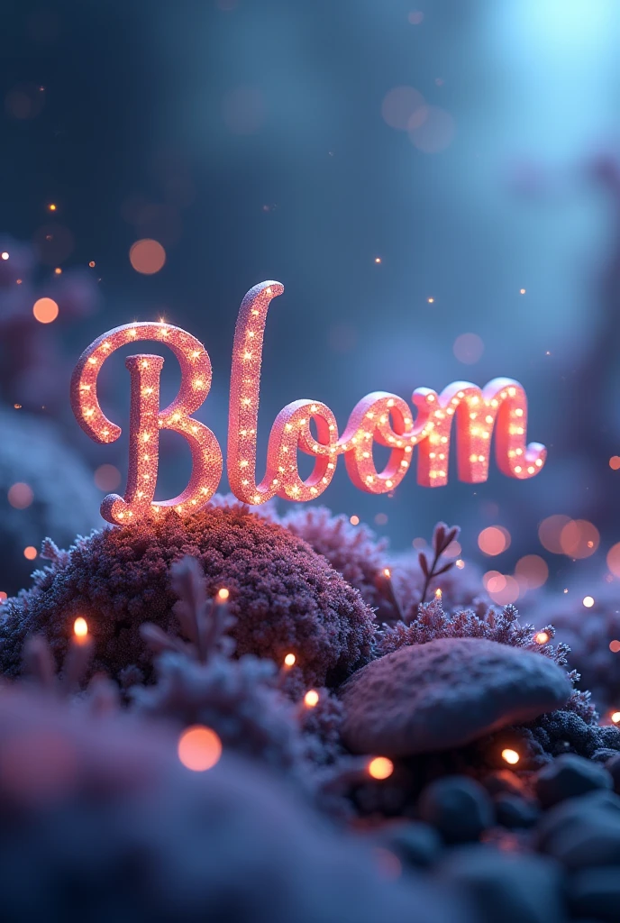 A mesmerizing 3D illustration featuring the captivating " Bloom" logo, elegantly written in a flowing, harmonious font. The font should be a metalic, thin and elegant font that gives off magic vibes